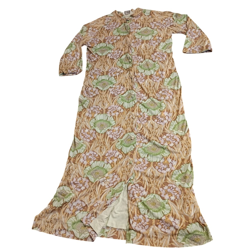 Kayser Floral Maxi Dress Womens M Tan Art Nouveau Boho Long Sleeve Retro 70s